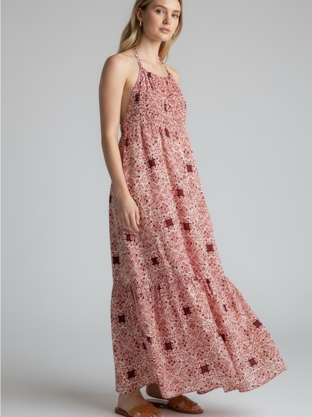 Ariat Maxi Halter Dress Medium Red Cream Bandana Print Smocked Boho Western Chic